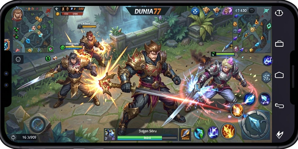 Screenshot DUNIA77 menampilkan pertarungan sengit antar tim MOBA.