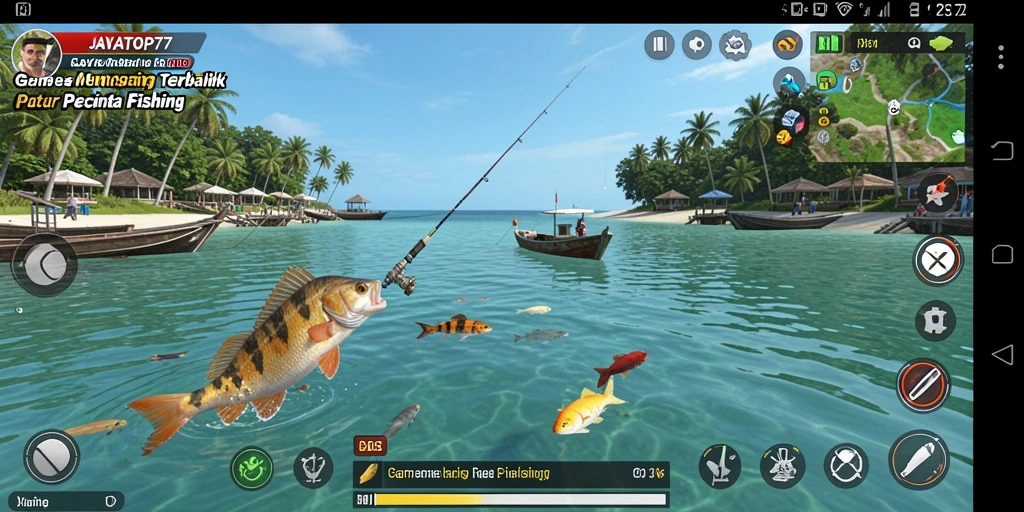 Screenshot JAYATOP77 menampilkan aksi seru saat memancing ikan di danau yang indah.