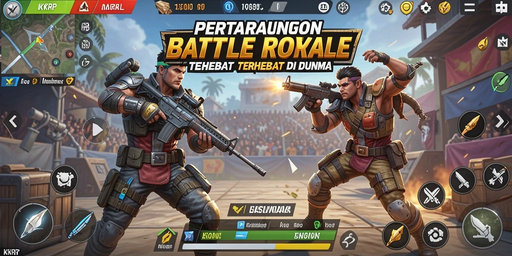 Screenshot gameplay utama KKRP menampilkan aksi seru dalam pertempuran Battle Royale.