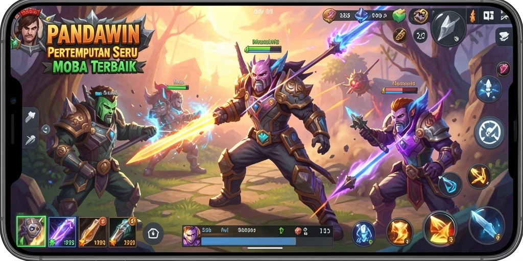 Screenshot gameplay seru dari PANDAWIN yang menunjukkan pertempuran tim.