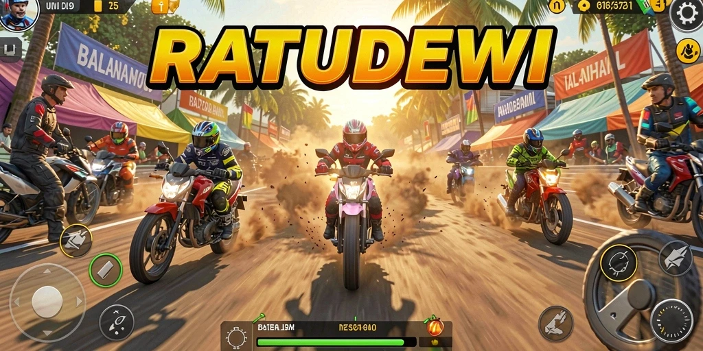 Screenshot gameplay seru dari RATUDEWI yang menunjukkan aksi balapan motor.