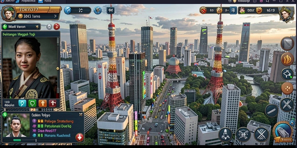 Screenshot utama TOKYO77 menampilkan aksi pertempuran dan pembangunan kerajaan.